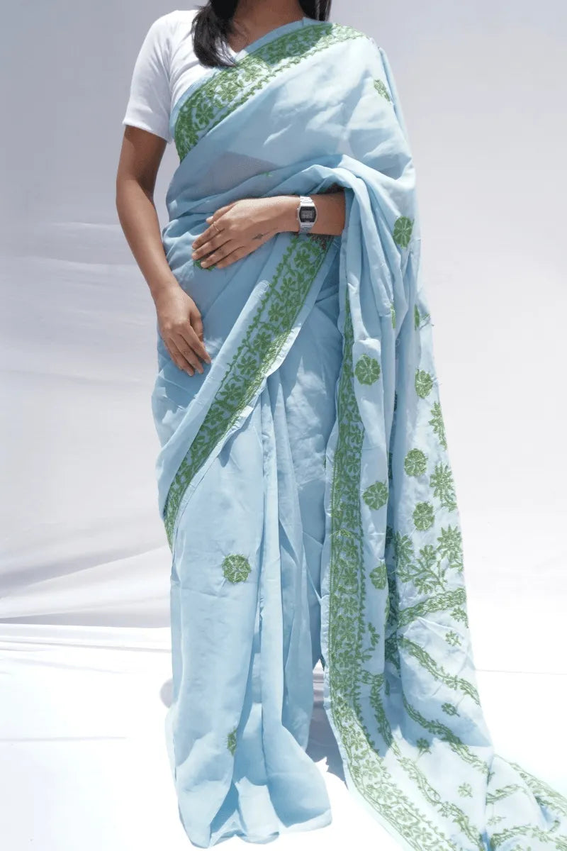 Handwoven Chanderi cotton saree with Chikankari embroidery in sage green – Noolagam_2