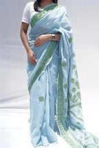 Handwoven Chanderi cotton saree with Chikankari embroidery in sage green – Noolagam_2
