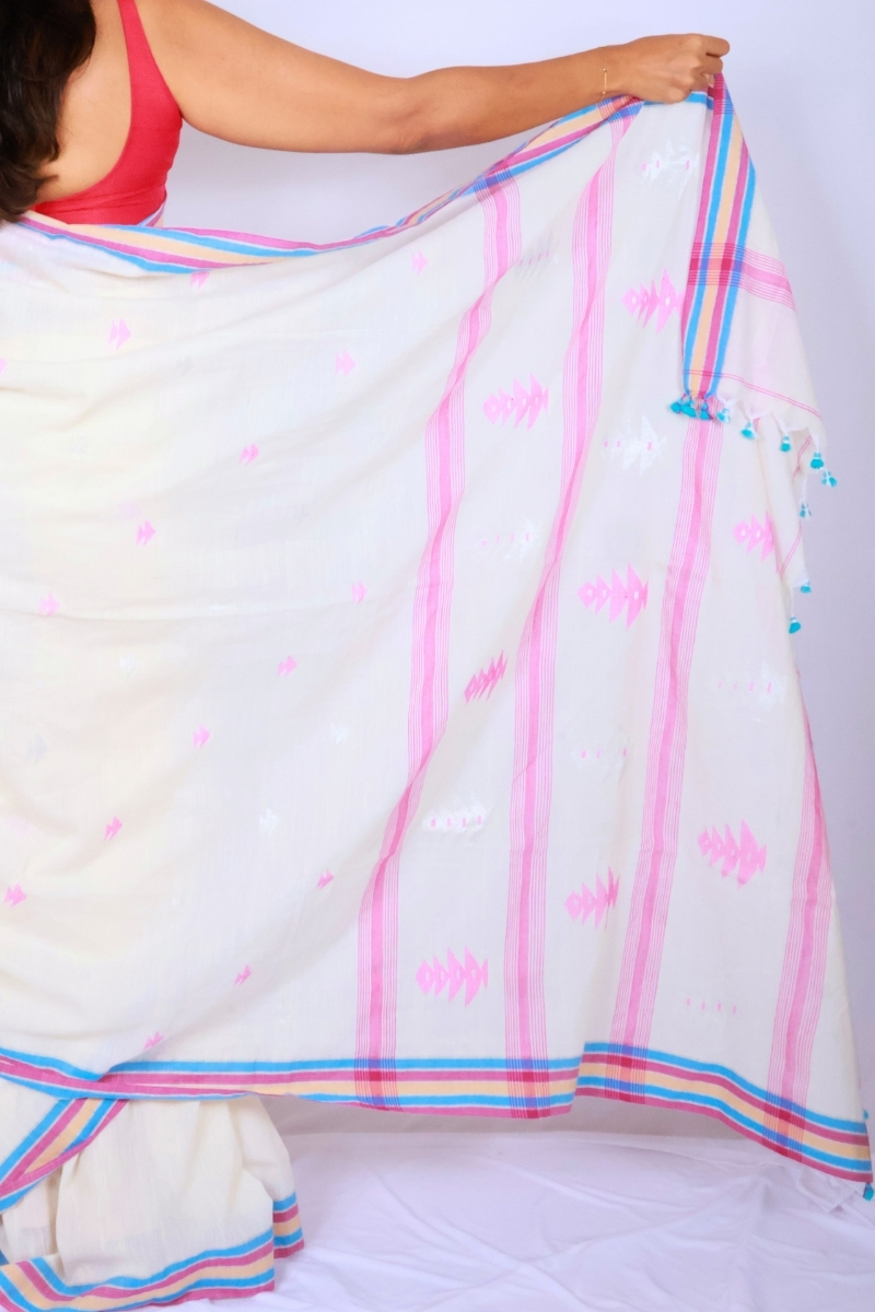 Handloom Mul Cotton Saree - Ivory with Pink & Sky Blue Border