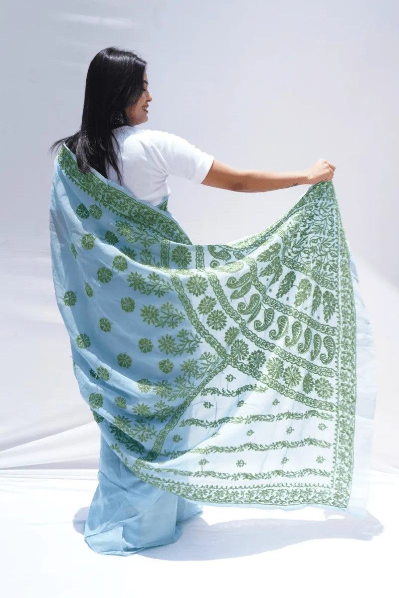 Handwoven Chanderi cotton saree with Chikankari embroidery in sage green – Noolagam_4