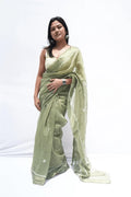 Handwoven Chanderi cotton saree with Chikankari embroidery in sage green – Noolagam_1