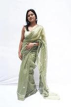 Handwoven Chanderi cotton saree with Chikankari embroidery in sage green – Noolagam_1
