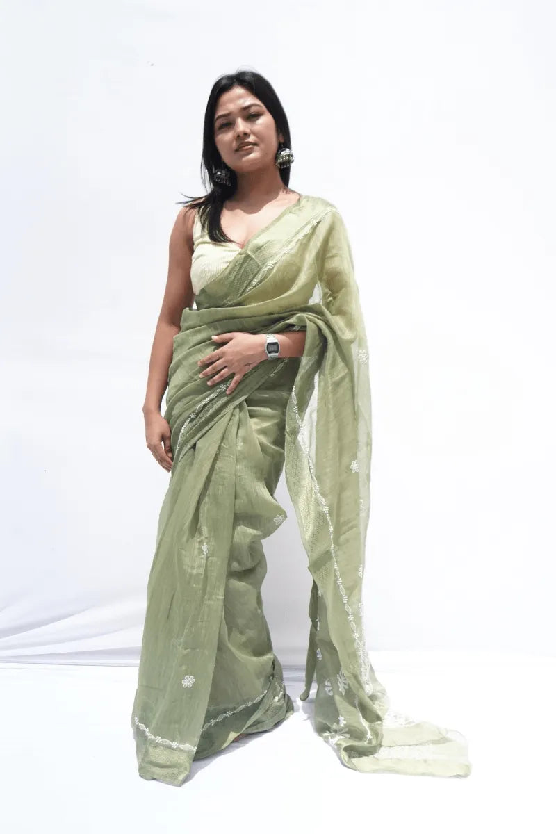 Handwoven Chanderi cotton saree with Chikankari embroidery in sage green – Noolagam_1