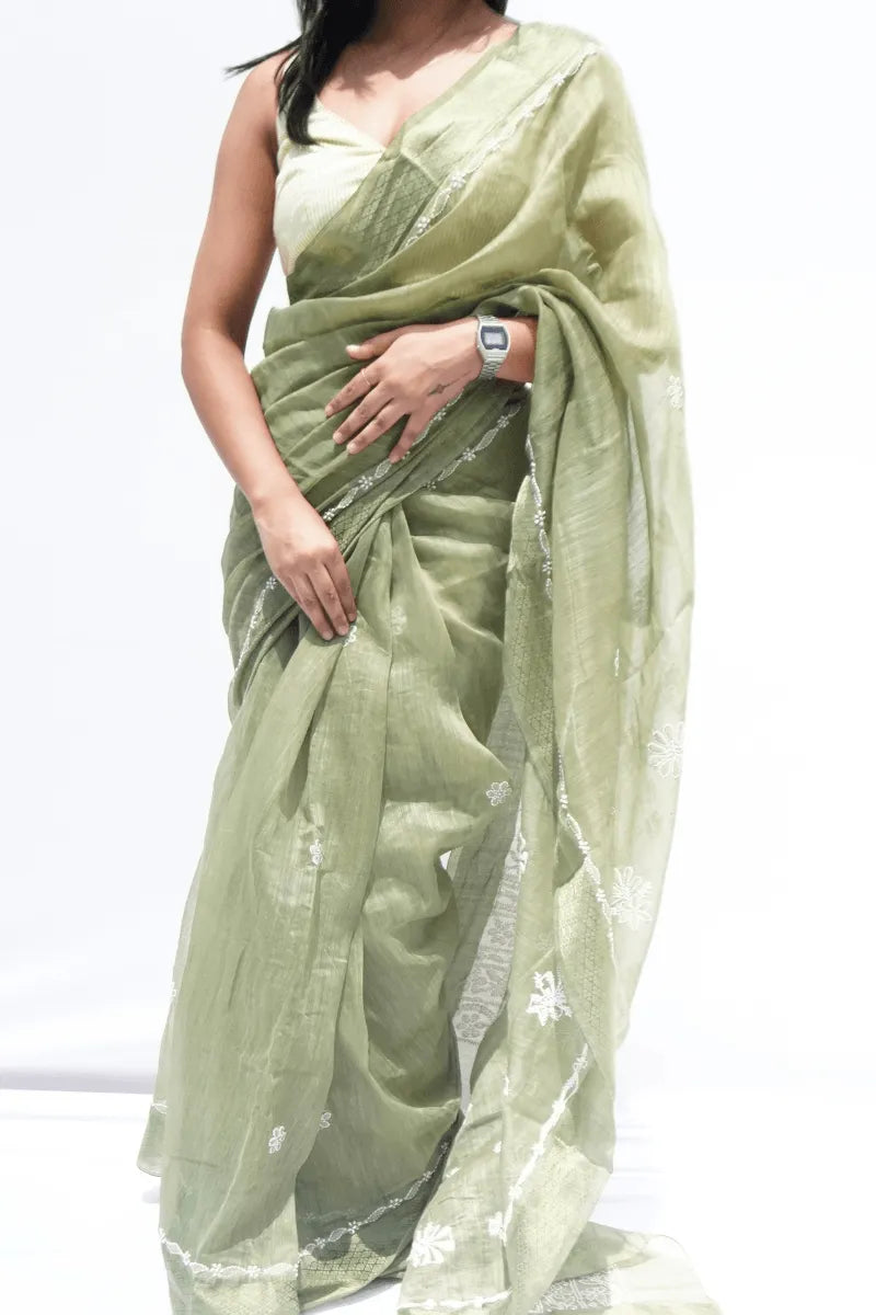 Handwoven Chanderi cotton saree with Chikankari embroidery in sage green – Noolagam_2