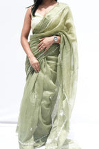 Handwoven Chanderi cotton saree with Chikankari embroidery in sage green – Noolagam_2