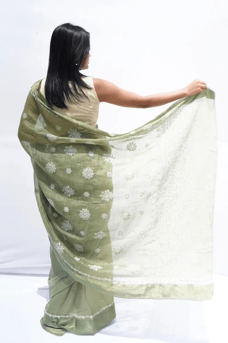 Handwoven Chanderi cotton saree with Chikankari embroidery in sage green – Noolagam_4