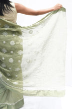 Handwoven Chanderi cotton saree with Chikankari embroidery in sage green – Noolagam_5
