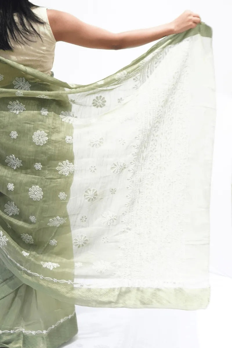 Handwoven Chanderi cotton saree with Chikankari embroidery in sage green – Noolagam_5