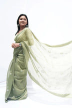 Handwoven Chanderi cotton saree with Chikankari embroidery in sage green – Noolagam_3