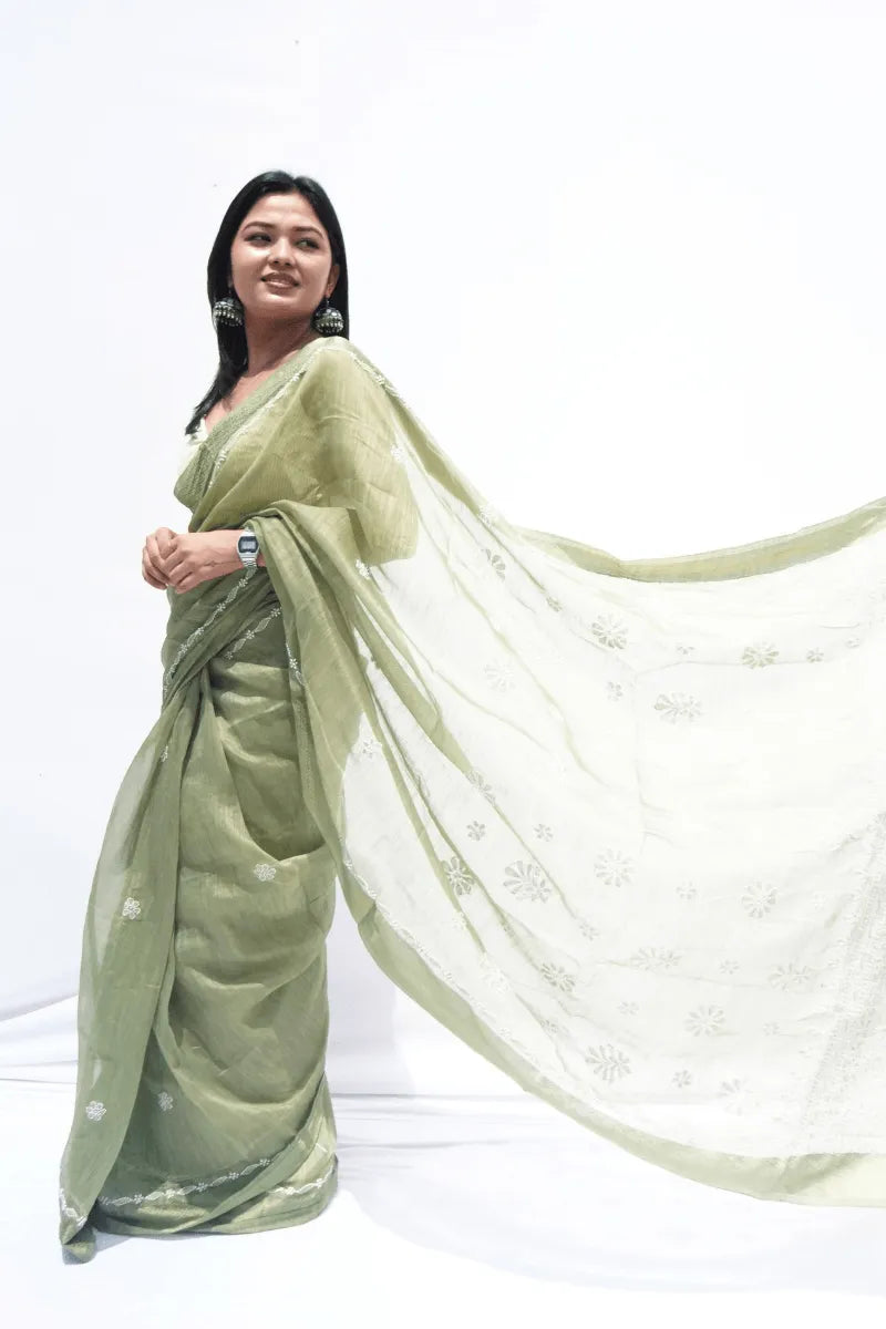 Handwoven Chanderi cotton saree with Chikankari embroidery in sage green – Noolagam_3