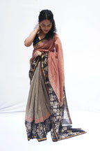 Maheshwari cotton silk Bagru hand block printed saree in brick red and black – Noolagam-2