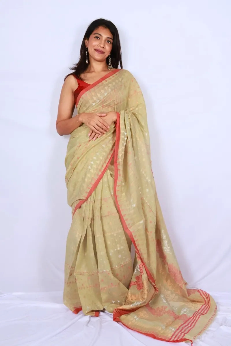 Sage green and coral Phulia handloom mercerized cotton saree with delicate woven motifs and detailed pallu Noolagam