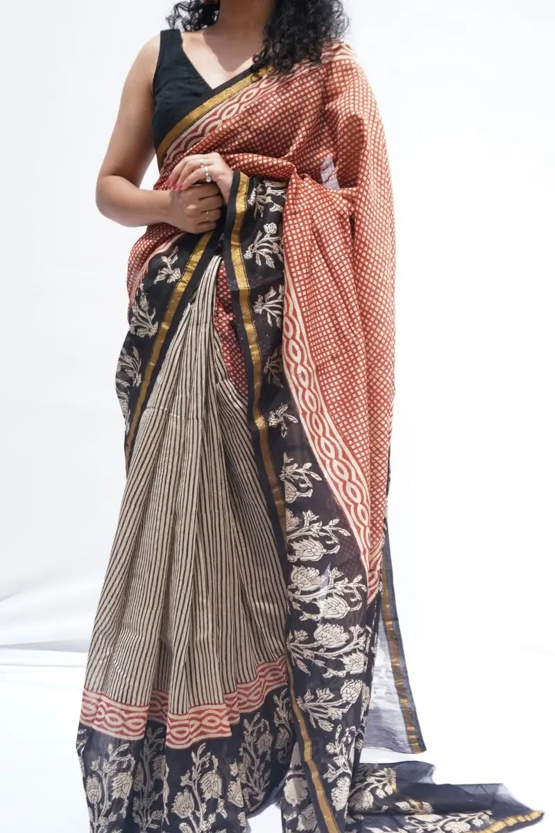 Maheshwari cotton silk Bagru hand block printed saree in brick red and black – Noolagam-4