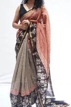 Maheshwari cotton silk Bagru hand block printed saree in brick red and black – Noolagam-4