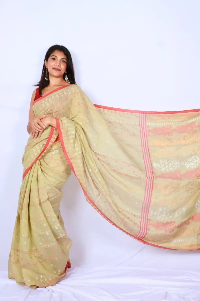 Sage green and coral Phulia handloom mercerized cotton saree with delicate woven motifs and detailed pallu Noolagam_3