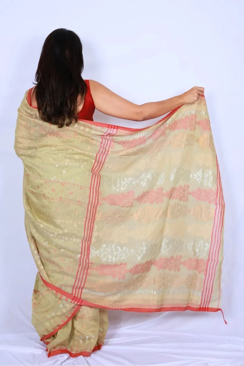 Sage green and coral Phulia handloom mercerized cotton saree with delicate woven motifs and detailed pallu Noolagam_4