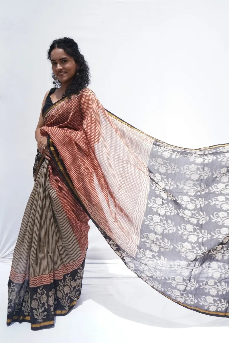 Maheshwari cotton silk Bagru hand block printed saree in brick red and black – Noolagam