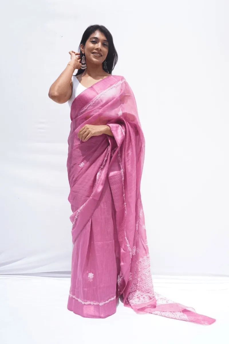 Handwoven Chanderi cotton saree with Chikankari embroidery in rose pink – Noolagam_1