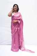 Handwoven Chanderi cotton saree with Chikankari embroidery in rose pink – Noolagam_1