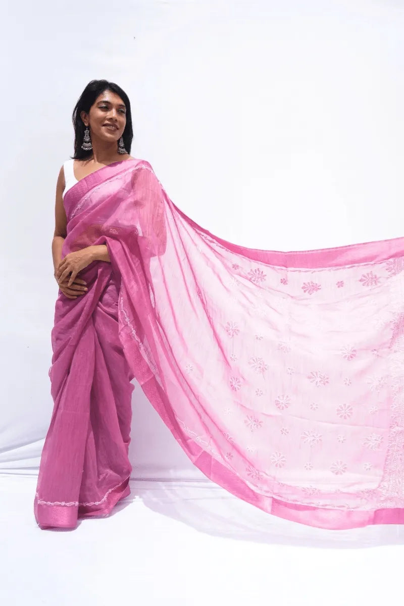 Handwoven Chanderi cotton saree with Chikankari embroidery in rose pink – Noolagam_3