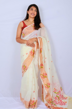 Phulia Handwoven Khadi Saree ‚ Off White with Coral Floral Woven Motifs