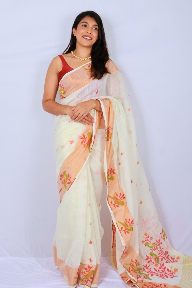 Phulia Handwoven Khadi Saree ‚ Off White with Coral Floral Woven Motifs