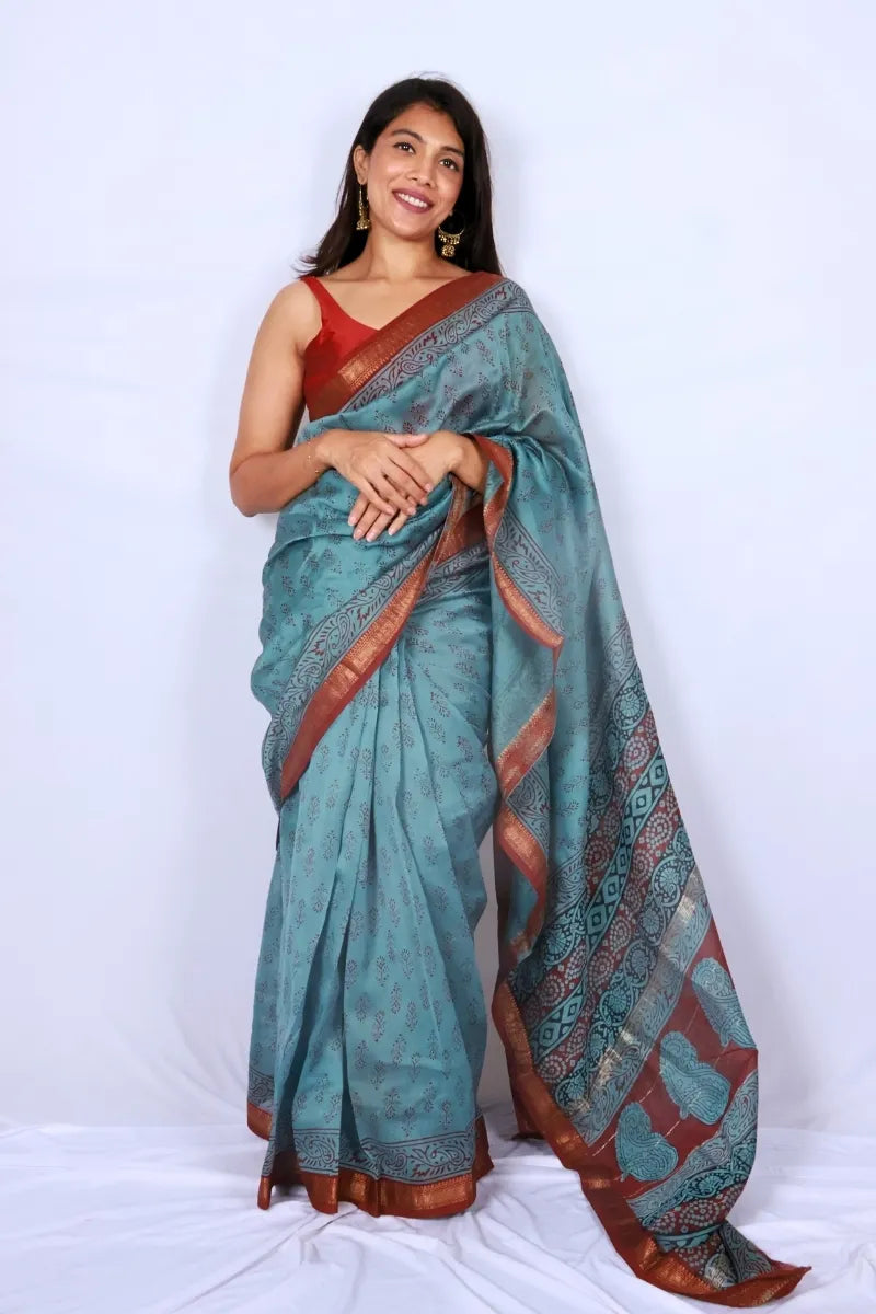 Teal Blue Maheshwari Silk Cotton Saree with Printed Border and Zari — Noolagam