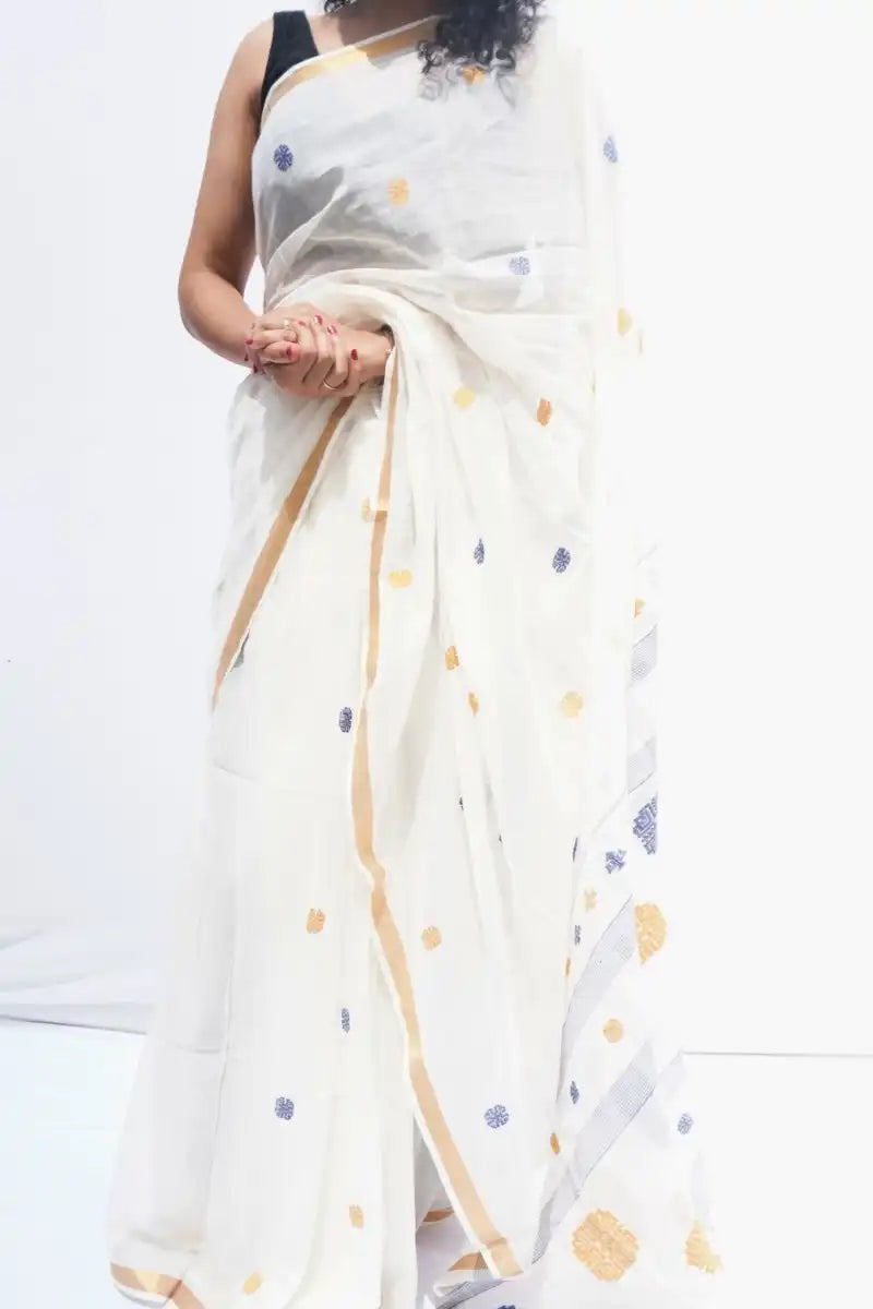 Handloom Mul Cotton Saree in ivory with mustard and indigo woven motifs – Noolagam
