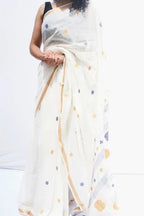 Handloom Mul Cotton Saree in ivory with mustard and indigo woven motifs – Noolagam