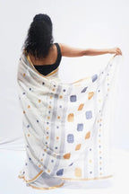 Handloom Mul Cotton Saree in ivory with mustard and indigo woven motifs – Noolagam-2