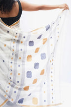 Handloom Mul Cotton Saree in ivory with mustard and indigo woven motifs – Noolagam-4