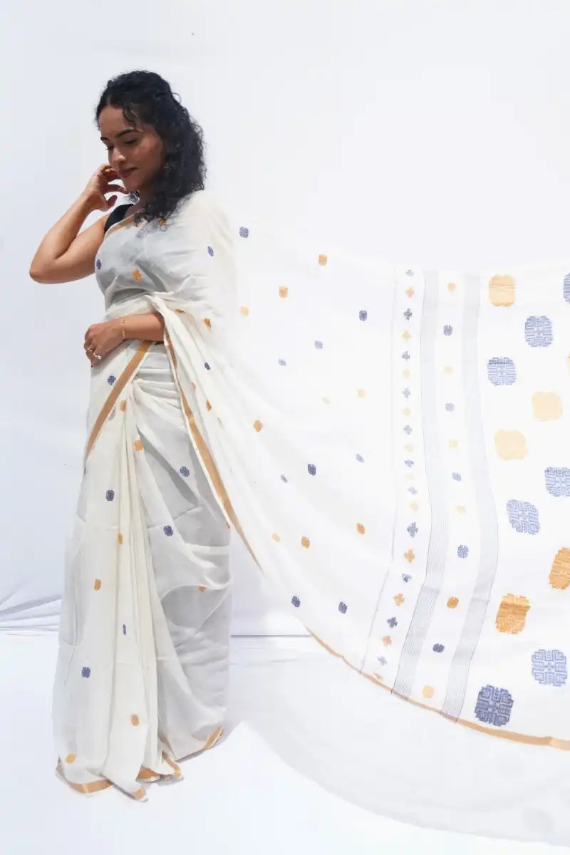 Handloom Mul Cotton Saree in ivory with mustard and indigo woven motifs – Noolagam-3
