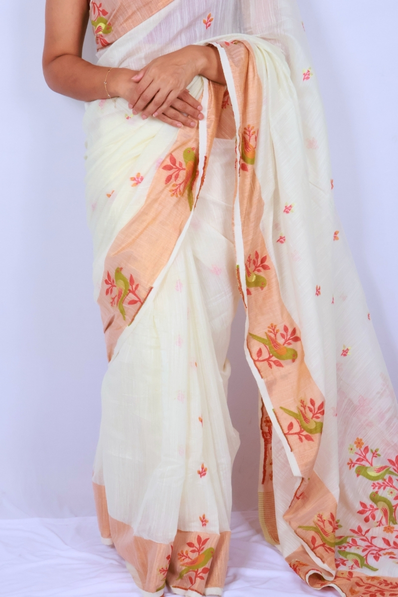 Phulia Handwoven Khadi Saree ‚ Off White with Coral Floral Woven Motifs
