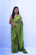 Maheshwari cotton silk hand block printed saree in leaf green with zari border – Noolagam