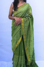 Maheshwari cotton silk hand block printed saree in leaf green with zari border – Noolagam-2