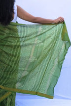 Maheshwari cotton silk hand block printed saree in leaf green with zari border – Noolagam-4