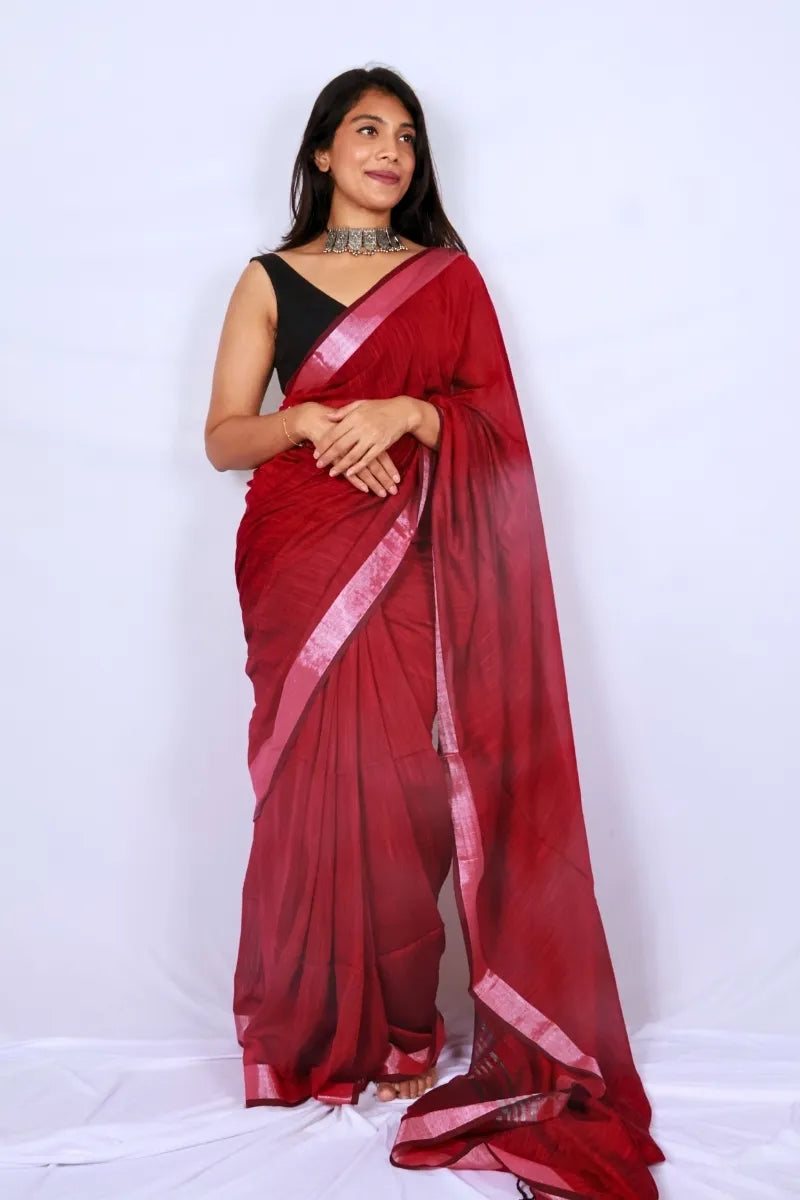 Beetroot pink khadi cotton saree from Phulia handwoven with fine woven stripes and floral pallu Noolagam