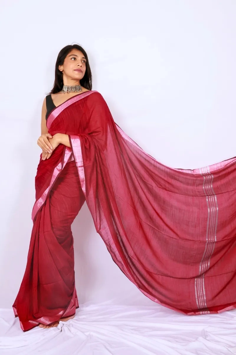 Beetroot pink khadi cotton saree from Phulia handwoven with fine woven stripes and floral pallu Noolagam_3