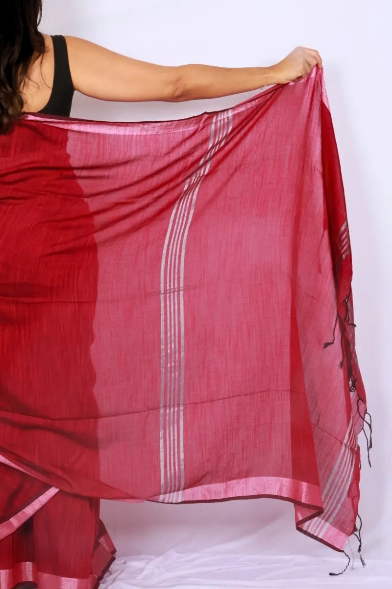 Beetroot pink khadi cotton saree from Phulia handwoven with fine woven stripes and floral pallu Noolagam_5