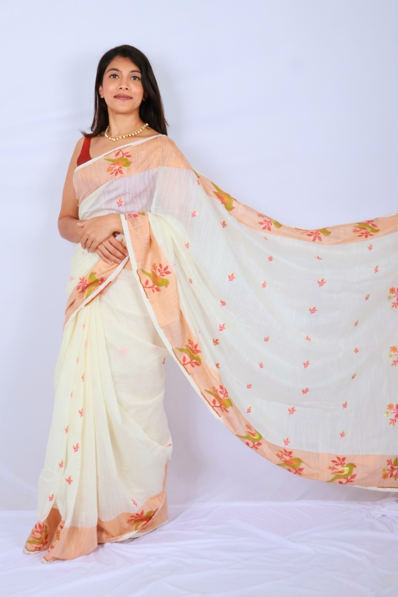 Phulia Handwoven Khadi Saree ‚ Off White with Coral Floral Woven Motifs