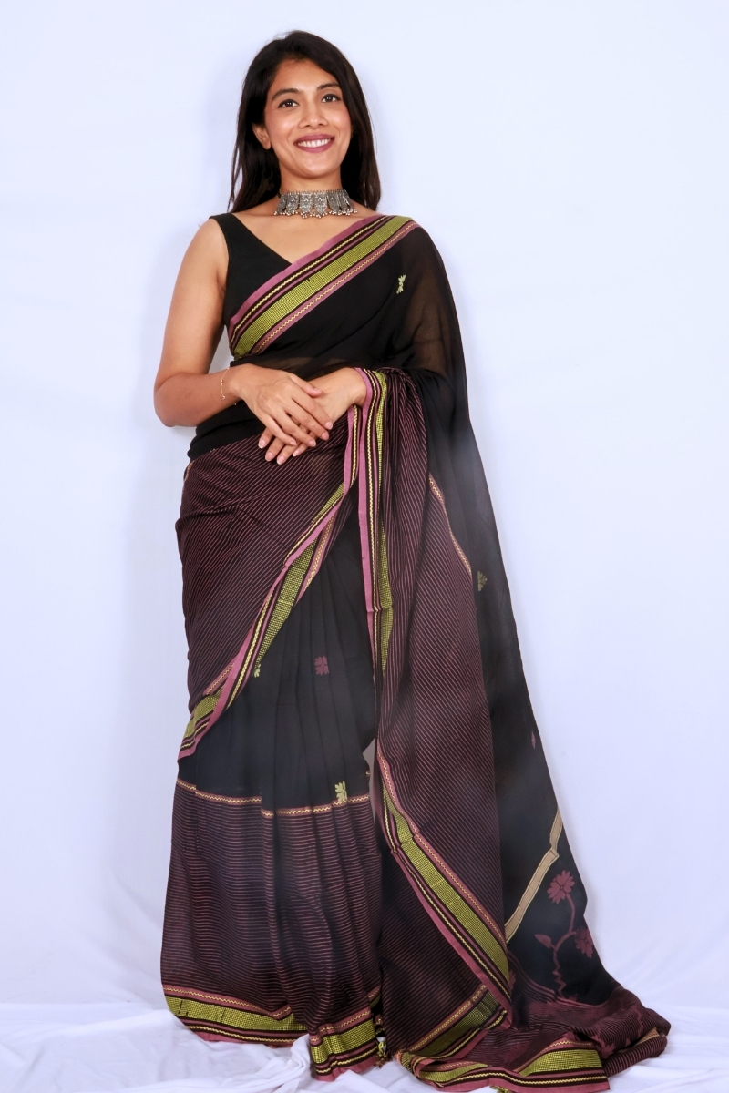 Black and Olive Handloom Khadi Cotton Saree from Phulia