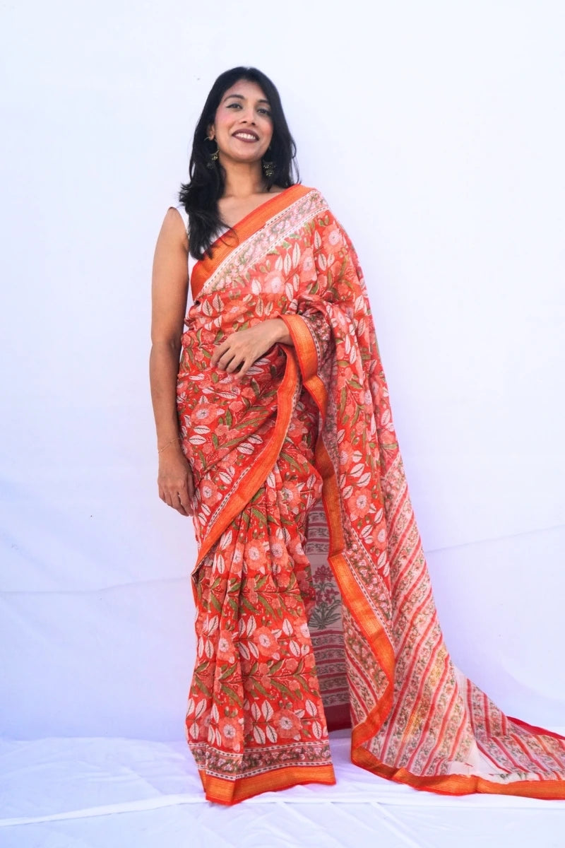 Maheshwari cotton silk Bagru hand block printed saree in coral orange floral – Noolagam-4