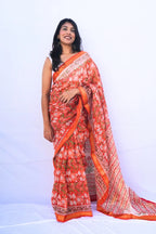 Maheshwari cotton silk Bagru hand block printed saree in coral orange floral – Noolagam-4