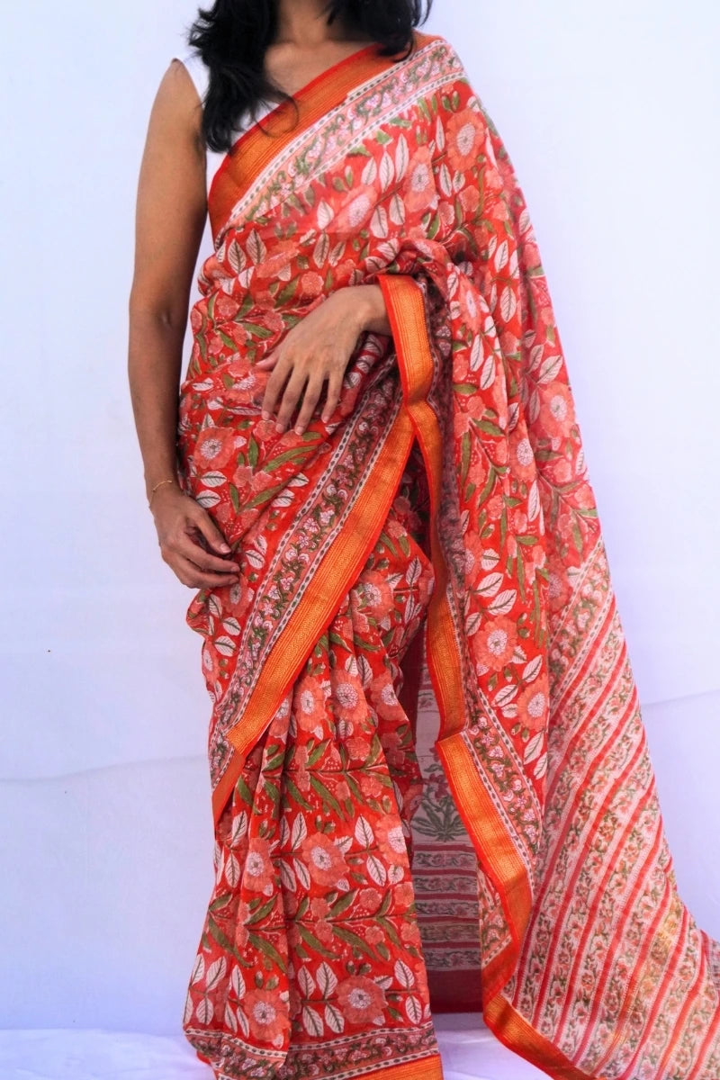 Maheshwari cotton silk Bagru hand block printed saree in coral orange floral – Noolagam-5