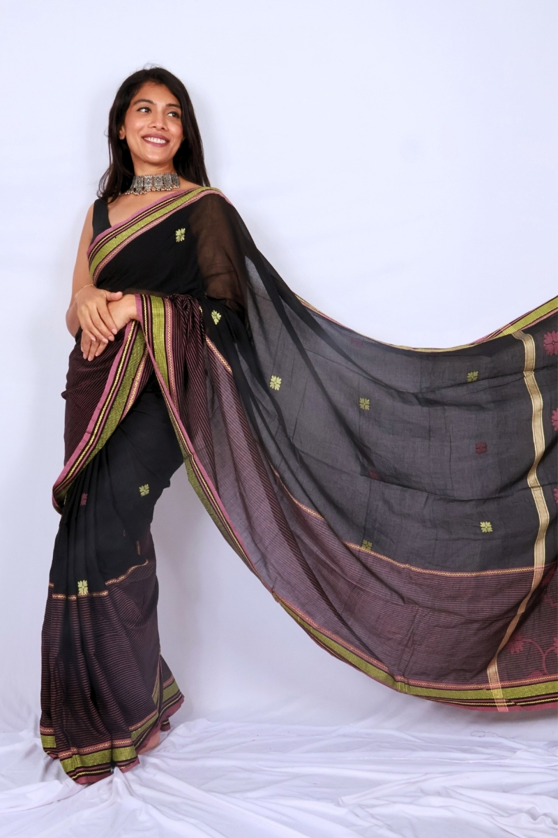 Black and Olive Handloom Khadi Cotton Saree from Phulia