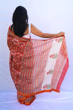 Maheshwari cotton silk Bagru hand block printed saree in coral orange floral – Noolagam-2