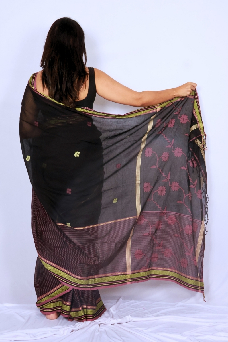 Black and Olive Handloom Khadi Cotton Saree from Phulia