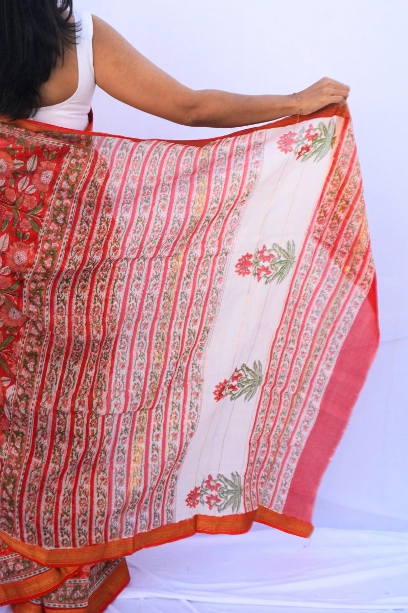 Maheshwari cotton silk Bagru hand block printed saree in coral orange floral – Noolagam-3