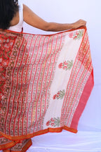 Maheshwari cotton silk Bagru hand block printed saree in coral orange floral – Noolagam-3