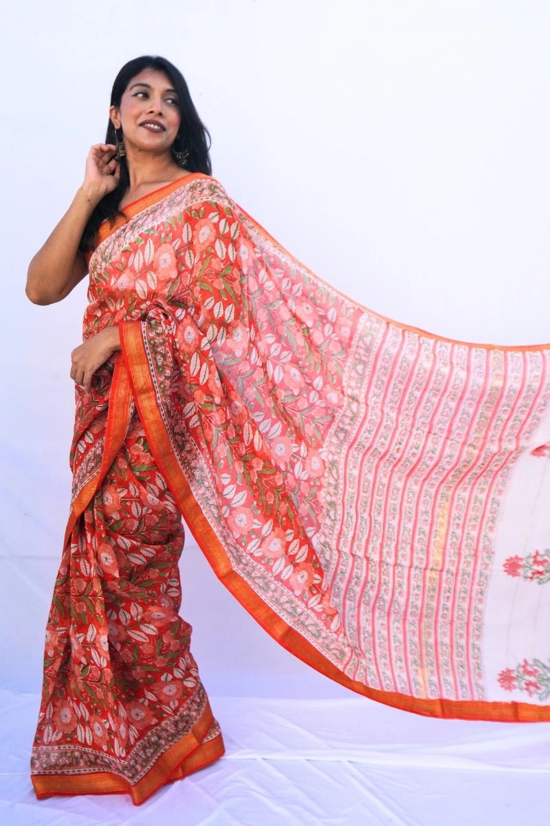 Maheshwari cotton silk Bagru hand block printed saree in coral orange floral – Noolagam